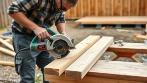 A gardener using a circular saw to cut pressure-treated lumber for shed framing on a workbench, sawdust flying, construction site with foundation piers visible in background