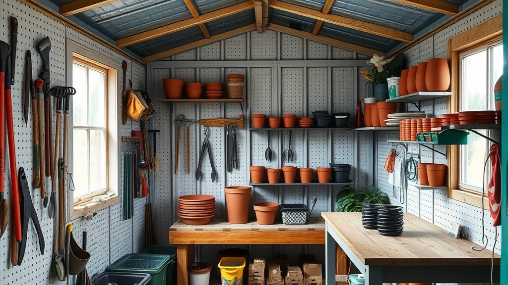 Interior view of a well-organized garden shed with pegboard walls holding hand tools, metal shelves stacked with clay pots and seed containers, wooden potting bench with natural light from window