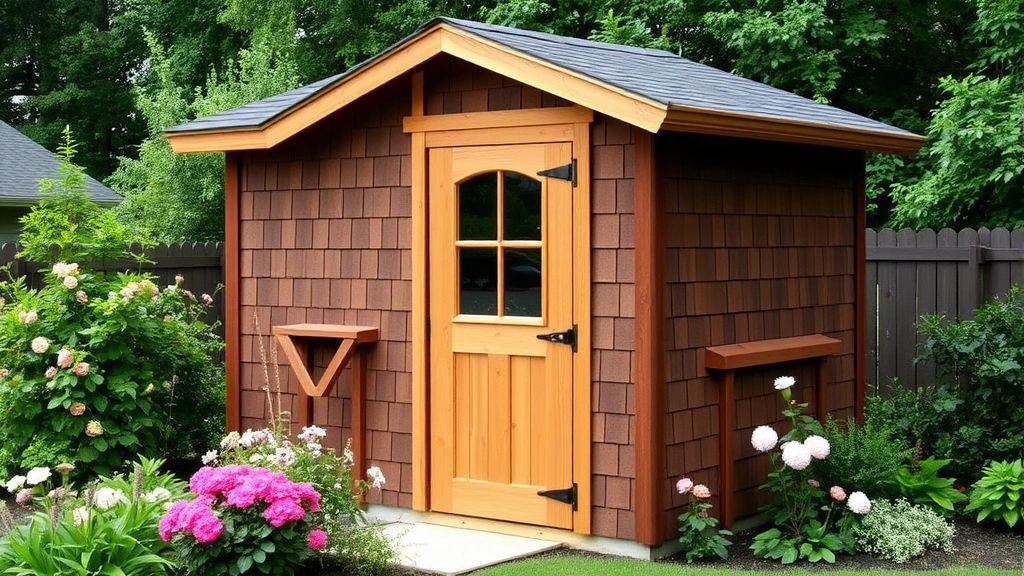 Exterior of a completed 16x10 wooden garden shed with dark asphalt shingles, gutters, single door, small window, surrounded by lush garden beds and flowering plants
