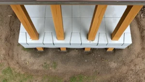 Overhead view of a sturdy concrete pier foundation with pressure-treated wooden posts anchored securely, showing proper spacing and elevation off the ground