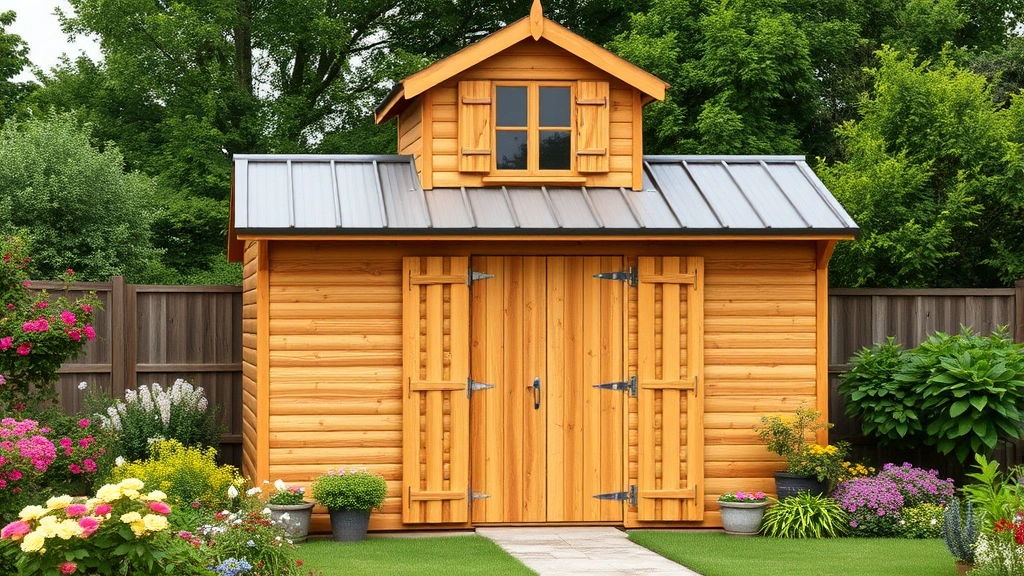 Completed rustic wooden 2 storey garden shed with pitched metal roof, large double doors on ground level, upper level window with shutters, surrounded by flowering gardens