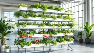 Modern industrial loft interior with multiple tiered vertical garden shelves displaying fresh herbs, cherry tomatoes, and leafy greens in sleek white containers, bright natural light from large windows, polished concrete floor