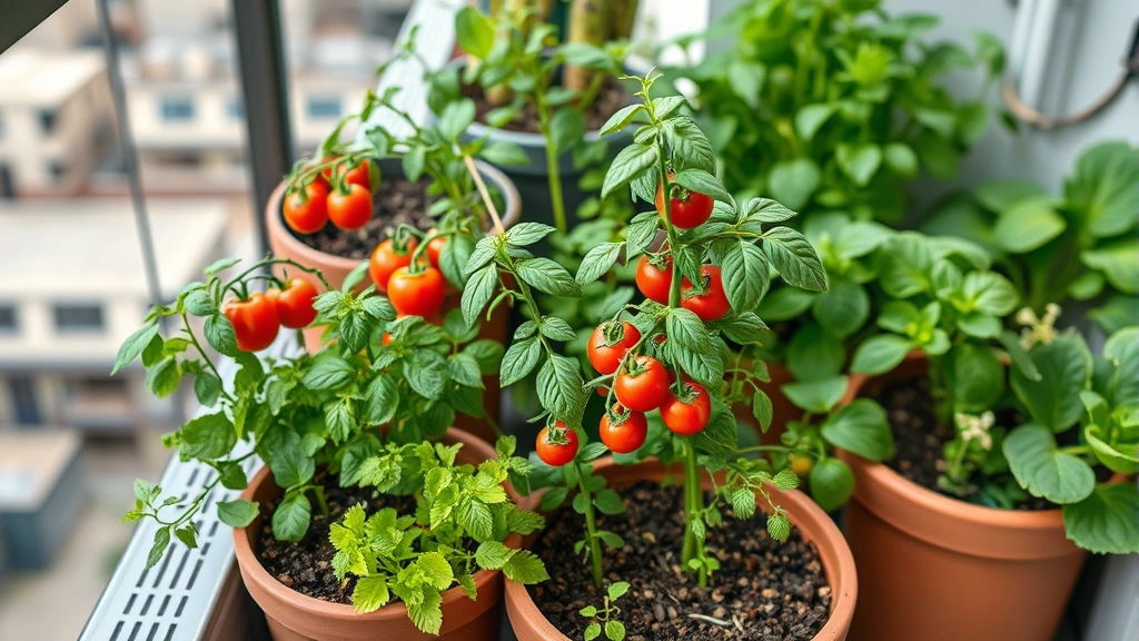 Close-up of thriving container vegetable garden on elevated loft balcony showing compact cherry tomato plants, basil, cilantro, and lettuce varieties in diverse containers with drip irrigation system visible