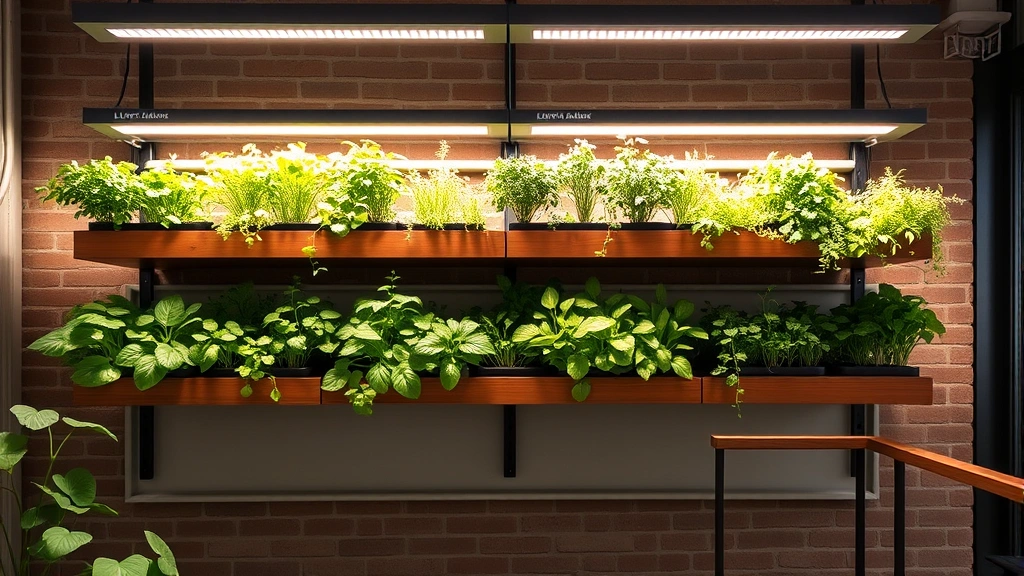 Sophisticated loft garden design featuring living wall installation with herbs and microgreens, integrated LED grow lights above shelving, minimalist aesthetic with exposed brick and industrial steel framework in background