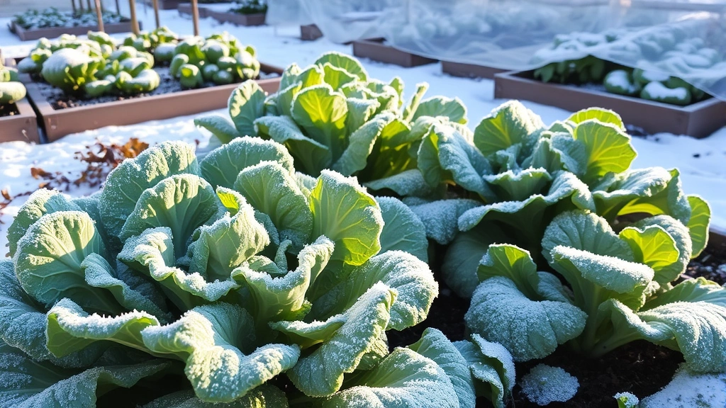 Winter garden bed with frost-covered kale and spinach plants, snow-dusted raised beds, protective row covers visible, morning sunlight creating ice crystal details on leaves