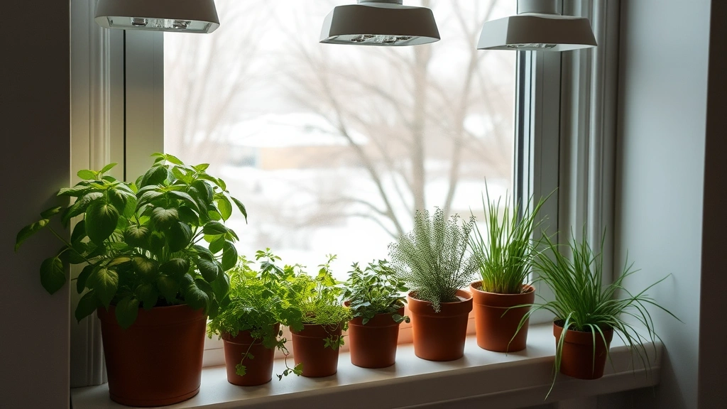 Indoor herb garden on sunny windowsill with potted basil, parsley, and chives, grow lights overhead, fresh green herbs in terra cotta containers, winter landscape visible through window