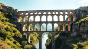 Massive three-tiered Roman aqueduct with limestone arches spanning across a river valley, sunlight illuminating the ancient stonework, lush green vegetation surrounding the structure