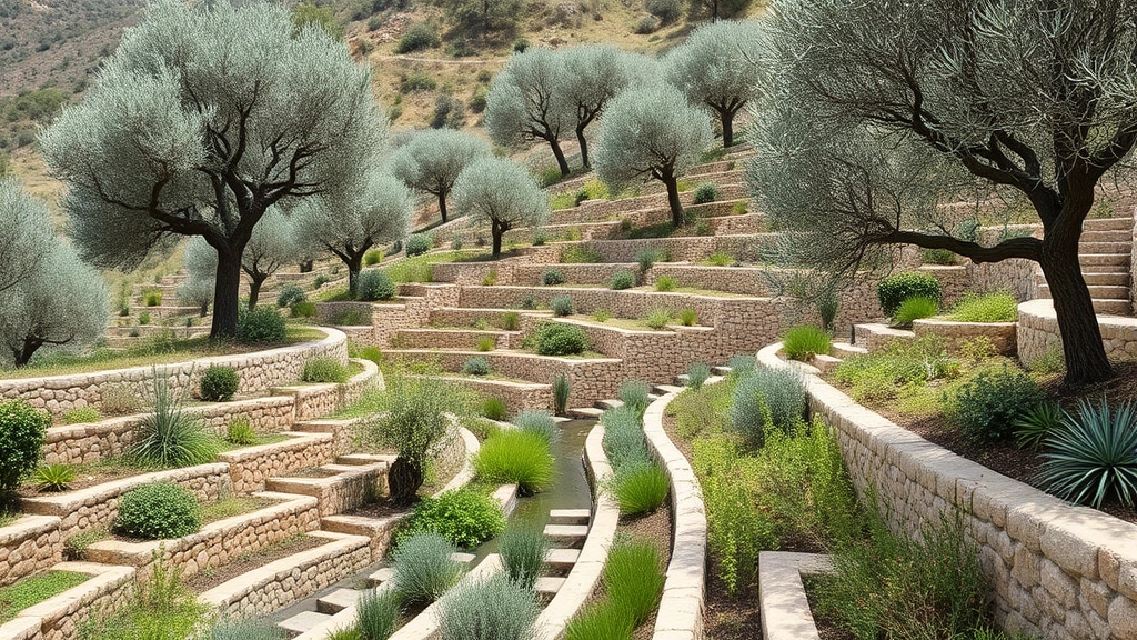 Terraced Mediterranean hillside garden with ancient olive trees, stone irrigation channels directing water downslope, and seasonal herbs growing in traditional Roman-style beds