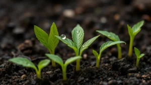 Close-up of vibrant green ambrosia seedlings sprouting in dark, rich soil with morning dew droplets glistening on delicate feathery leaves