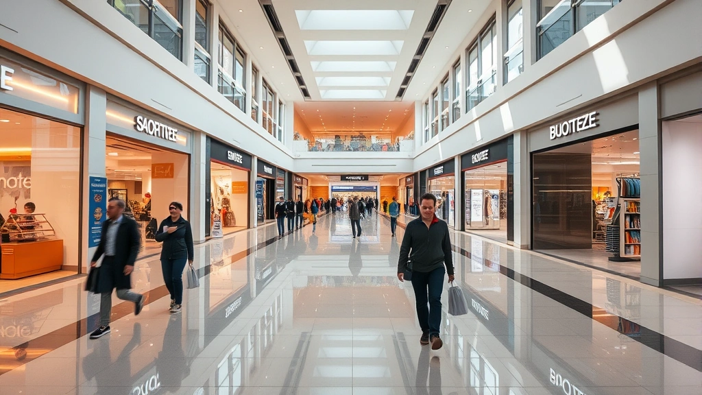 Bright modern shopping mall interior with polished floors, contemporary storefronts, shoppers walking with bags, warm lighting, clean architecture, multi-level design visible