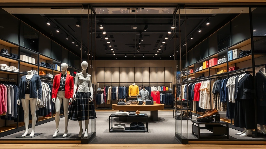 Upscale retail store display with mannequins wearing trendy clothing, well-organized merchandise shelves, professional lighting, welcoming storefront entrance