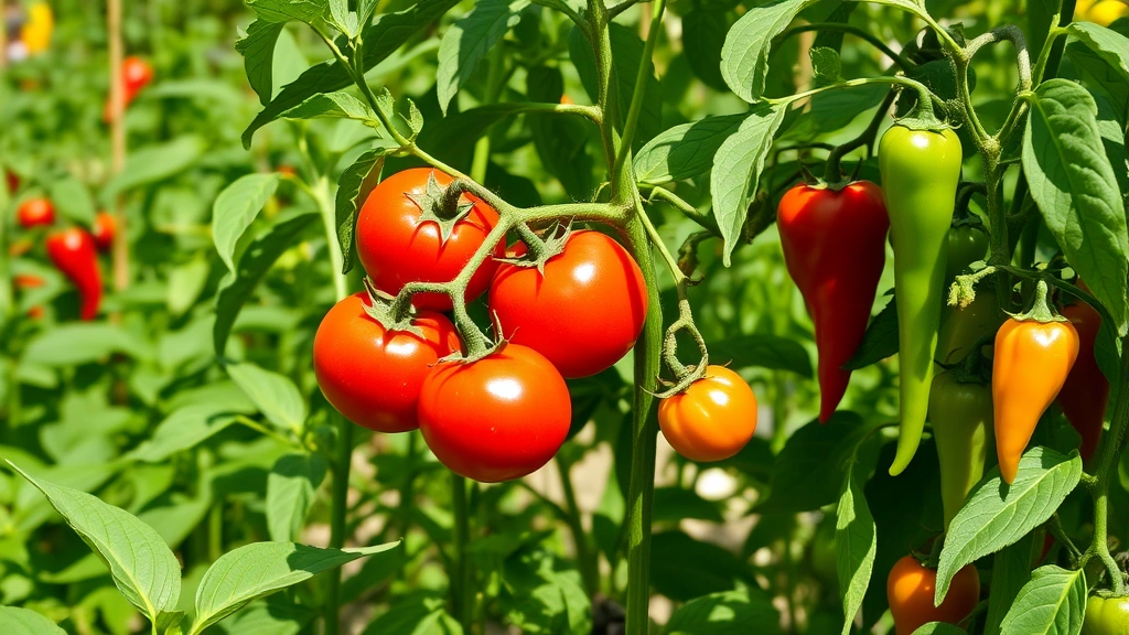 Lush NJ vegetable garden with ripe tomatoes, peppers, and beans growing in summer sunlight with green foliage