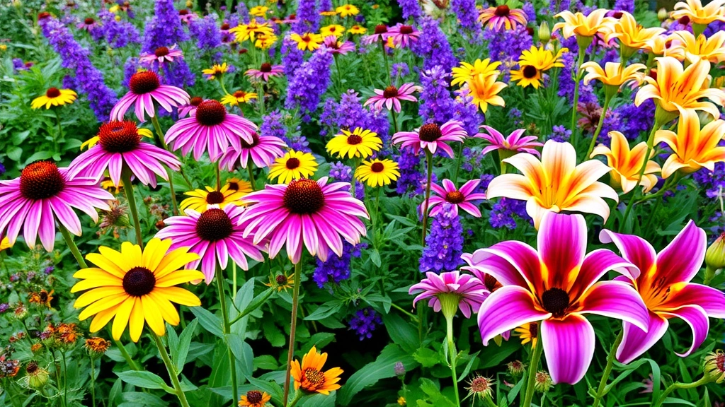Vibrant perennial flower garden featuring purple coneflowers, yellow black-eyed Susans, and daylilies in full bloom