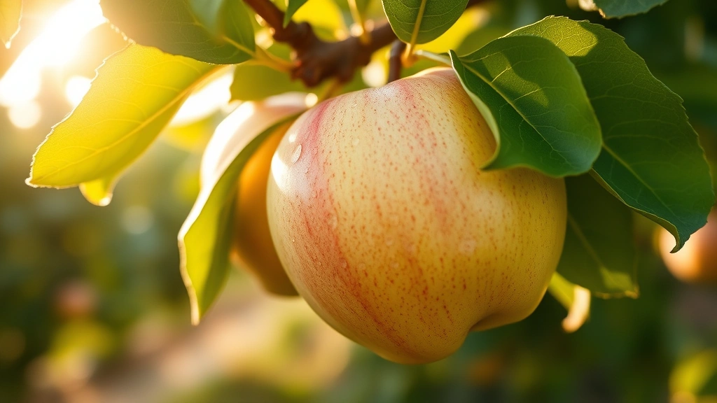 Close-up of ripe Honeycrisp apples hanging on tree branch with green leaves in morning sunlight, water droplets visible on fruit, soft orchard background