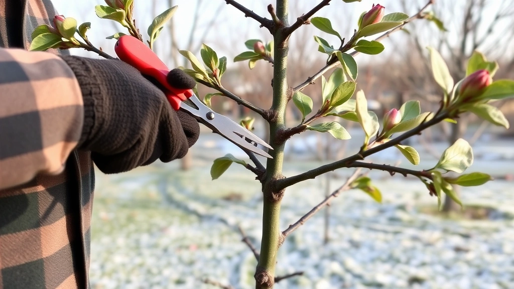Gardener pruning young apple tree in late winter, holding pruning shears near branch collar, dormant buds visible on branches, clear day with frost on ground