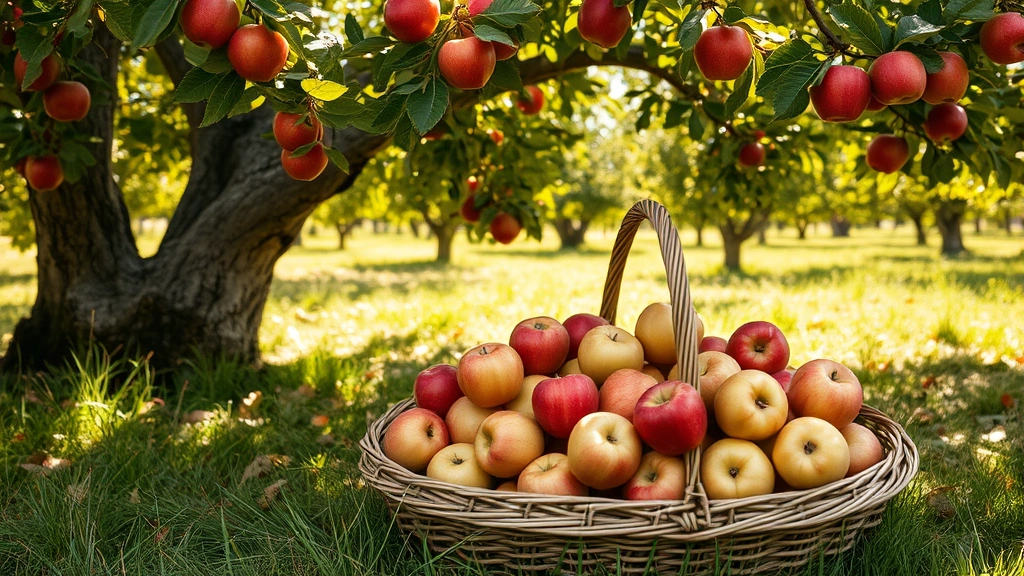 Harvested apples in woven basket on grass beneath mature apple tree, red and golden varieties mixed together, autumn orchard setting with dappled sunlight