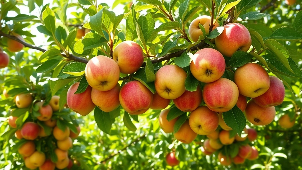 Mature apple tree laden with ripe red and yellow apples hanging from branches, dappled sunlight through canopy, healthy foliage