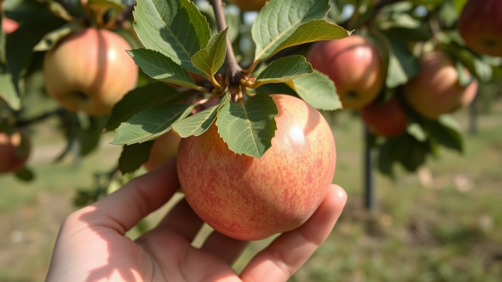Close-up of hand harvesting crisp apples from tree branch, multiple apple varieties visible in background orchard setting
