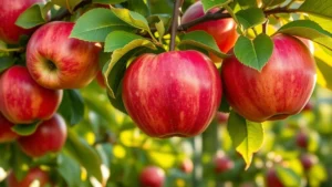 Vibrant red and golden Gala apples hanging on branches with green leaves, morning sunlight filtering through foliage, showing ripe fruit ready for harvest in late summer garden