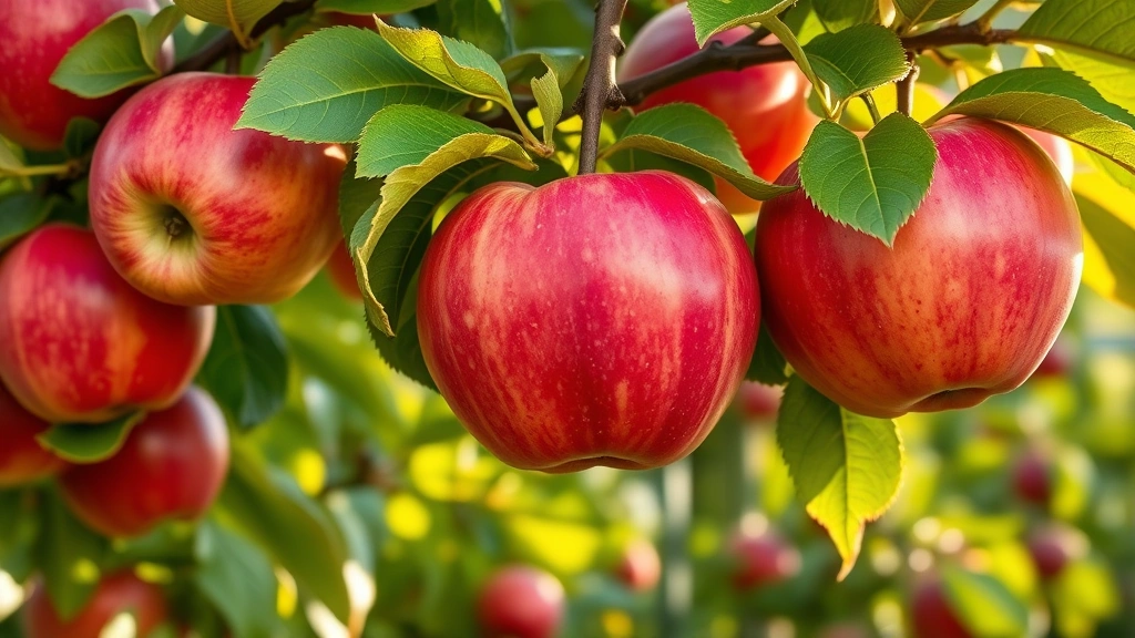 Vibrant red and golden Gala apples hanging on branches with green leaves, morning sunlight filtering through foliage, showing ripe fruit ready for harvest in late summer garden