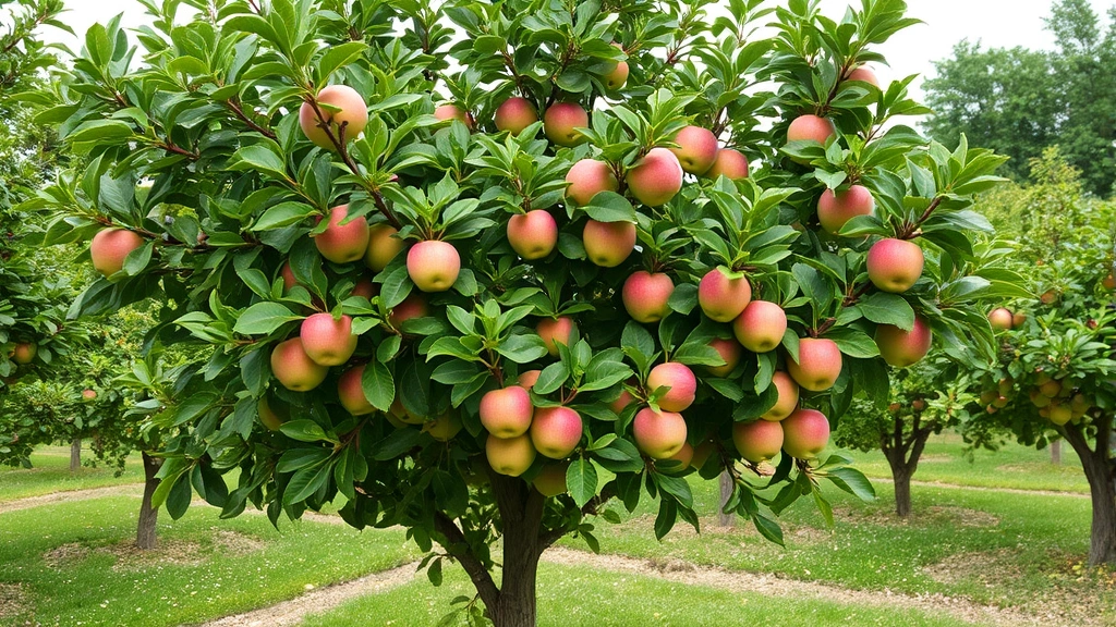 Mature apple tree with full canopy in New Jersey orchard, showing proper spacing and healthy growth, with mixed varieties visible in background, demonstrating commercial home garden setup