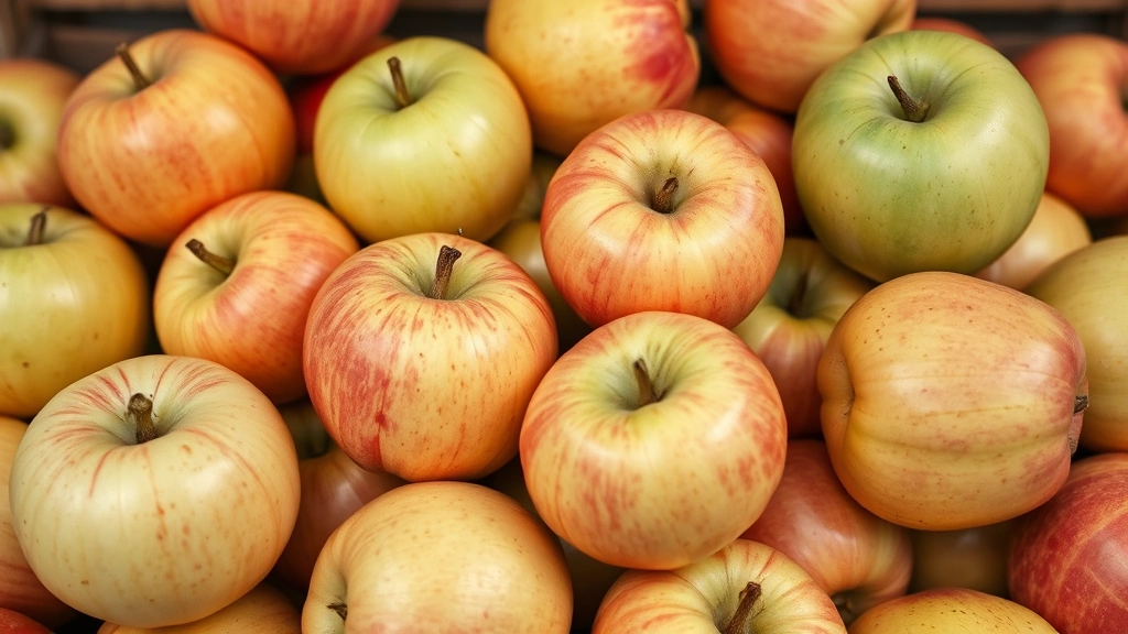 Close-up of freshly harvested mixed apple varieties including Fuji, Honeycrisp, and Granny Smith arranged on wooden crate, showcasing different colors and sizes of ripe apples with stems