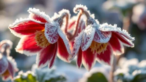 Frost-covered hellebore flowers with delicate ice crystals, burgundy and white petals dusted with frozen dew, morning sunlight creating sparkle effect