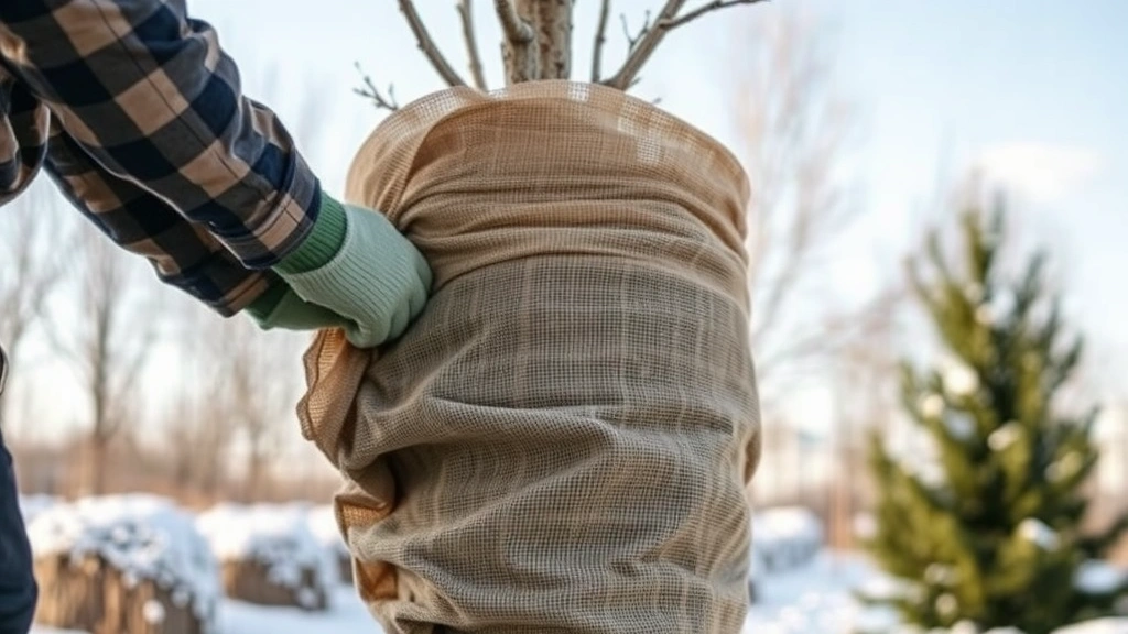 Gardener applying protective burlap wrapping around young tree trunk in winter, showing frost protection technique with clear winter sky background