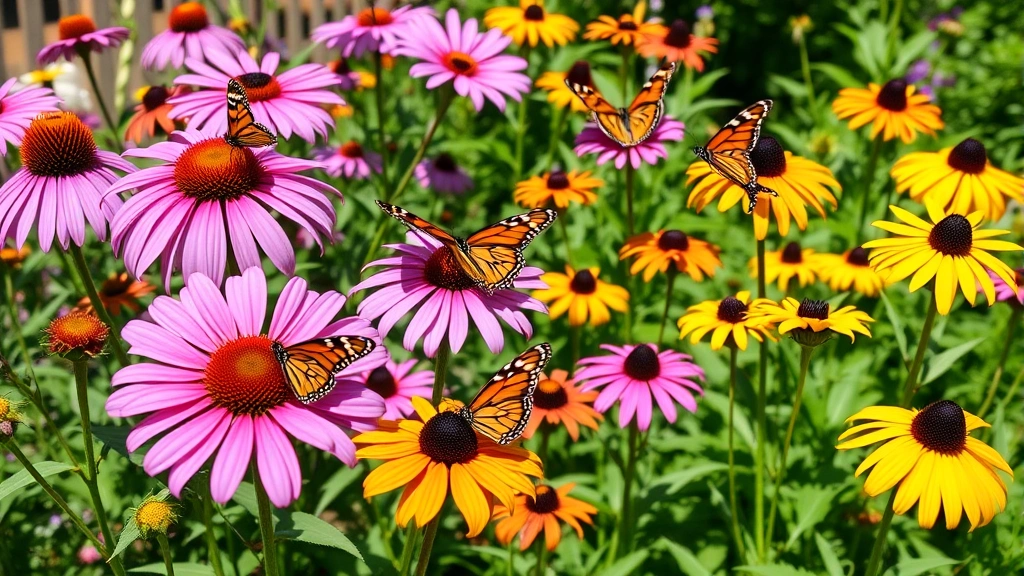 Vibrant butterfly garden with purple coneflowers, black-eyed Susans, and milkweed plants in full bloom, multiple colorful butterflies feeding on nectar, sunny garden setting