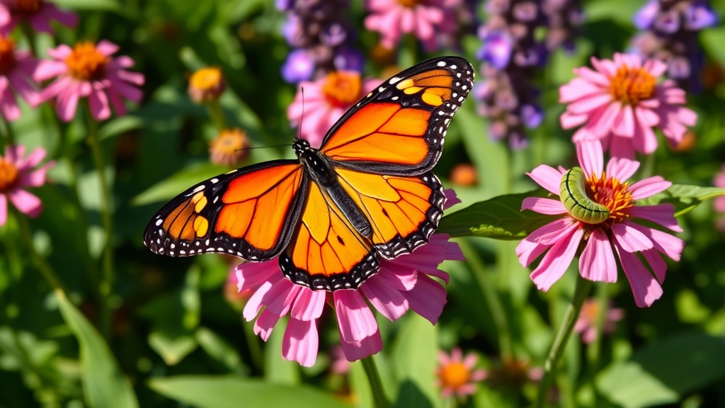 Close-up of bright orange Monarch butterfly on pink milkweed flowers in a lush garden bed, caterpillar visible on nearby leaf, natural sunlight