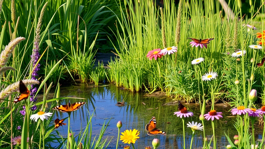 Peaceful garden scene with water puddling area, tall grasses, diverse wildflowers in bloom, several butterflies resting and feeding, morning or late afternoon light