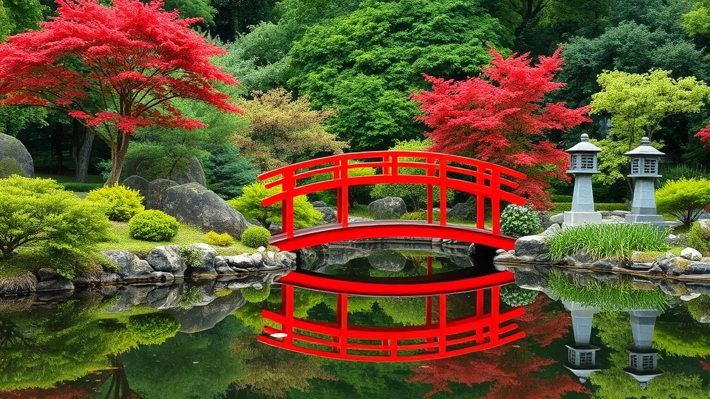 Serene Japanese garden with red arched bridge over still koi pond, surrounded by lush green foliage, Japanese maple trees, and stone lanterns reflected in water, peaceful zen atmosphere