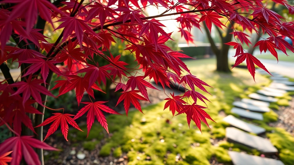 Close-up of Japanese maple tree with delicate crimson leaves, moss-covered ground beneath, stepping stones winding through garden, morning light filtering through branches