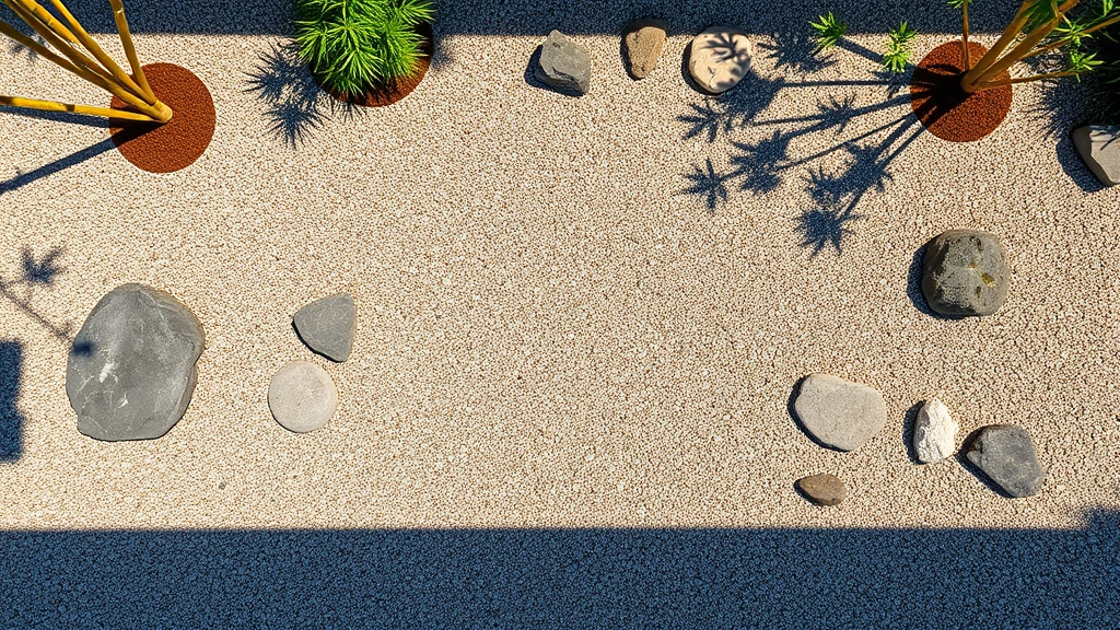 Overhead view of raked gravel garden with carefully arranged rocks and stones, creating abstract landscape design, shadows of bamboo and plants creating patterns on light-colored gravel