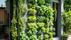 Modern vertical garden wall with lush trailing plants, herbs, and leafy greens growing in tiered pocket systems against a contemporary home exterior, natural daylight, photorealistic garden design