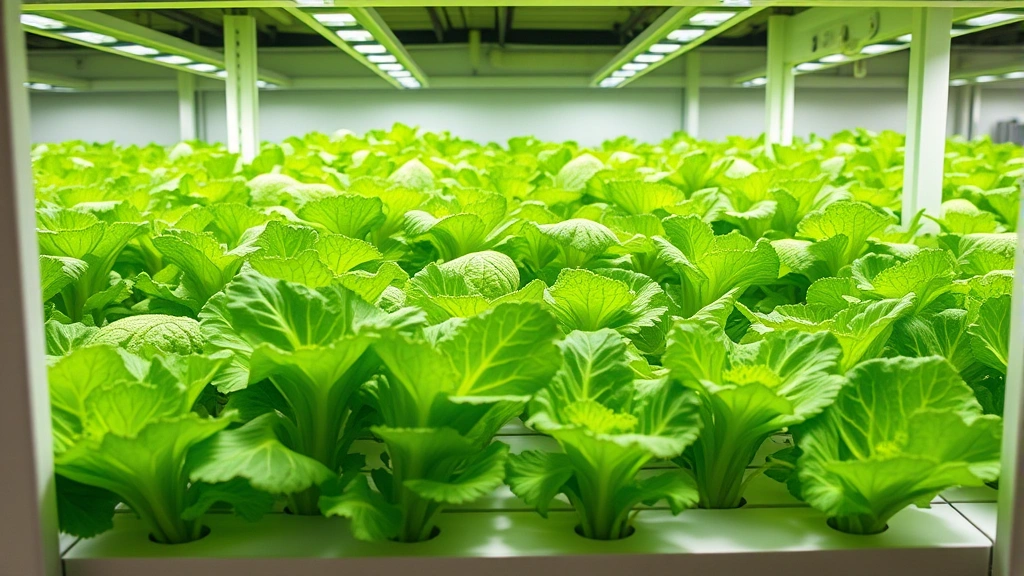 Dense hydroponic lettuce production system with vibrant green plants suspended in nutrient solution, professional indoor growing setup with LED grow lights, clean white framework, photorealistic cultivation