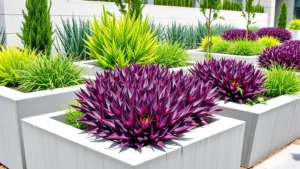 Modern geometric concrete raised garden beds with vibrant purple and lime green foliage plants, clean lines, contemporary landscape design, bright daylight