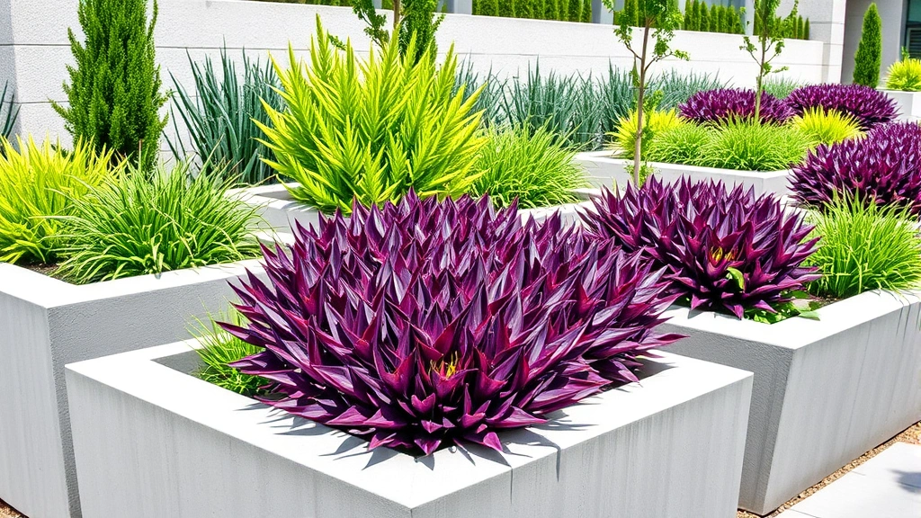 Modern geometric concrete raised garden beds with vibrant purple and lime green foliage plants, clean lines, contemporary landscape design, bright daylight