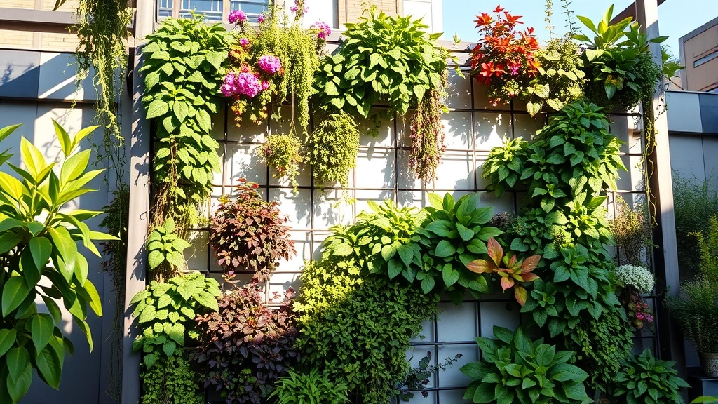 Vertical living wall system with mixed colorful plants and vines climbing geometric steel structure, urban garden setting, afternoon sunlight creating shadows