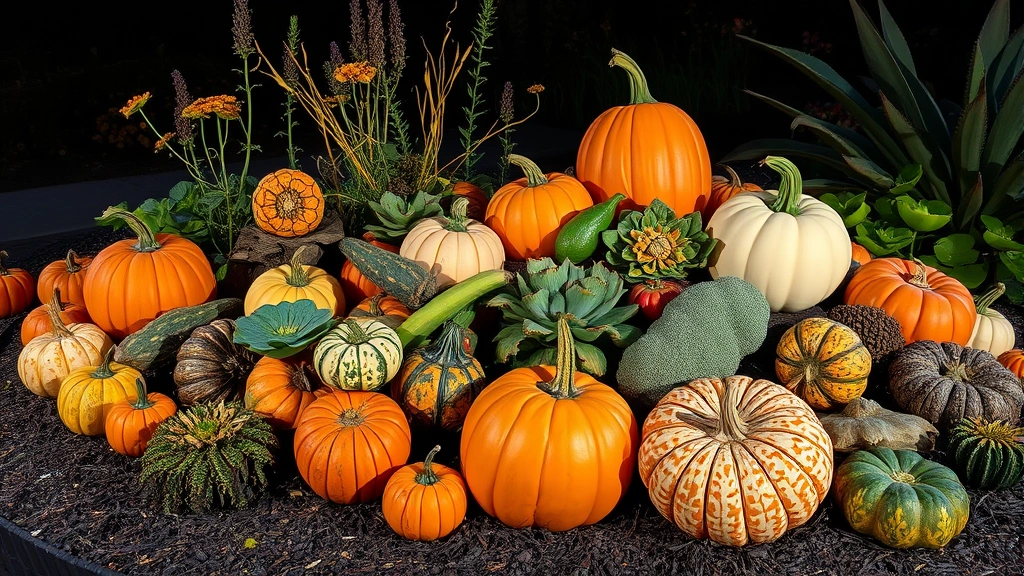 Sculptural garden installation with unusual pumpkin and vegetable plantings in artistic arrangement, dramatic lighting, textural plant combinations, harvest season