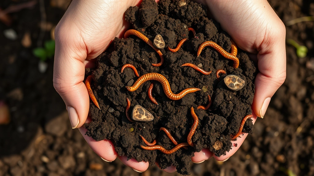 Close-up of rich dark soil with visible organic matter, earthworms, and mycorrhizal fungal networks, hands holding healthy crumbly soil with beneficial microorganisms visible in natural light