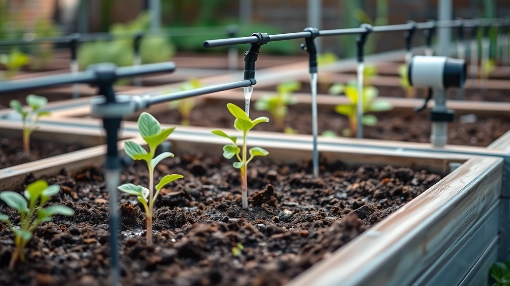 Modern drip irrigation system delivering water precisely to plant roots in raised garden beds, with soil moisture sensors and automated watering equipment, showing efficient water management in action