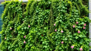 Lush vertical living wall with cascading green herbs and flowering plants covering entire structure, dramatic modern garden installation