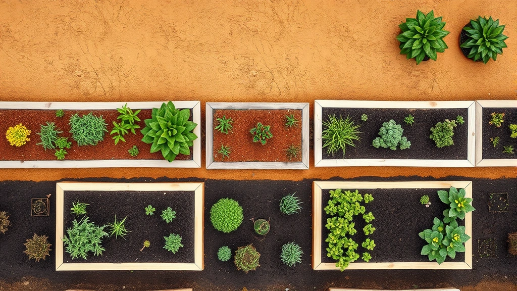 Overhead view of asymmetrical raised garden beds with contrasting soil colors and diverse plants arranged in geometric patterns, minimalist aesthetic, photorealistic