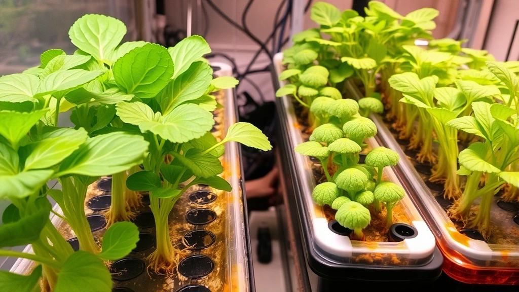Hydroponic system with leafy greens growing in nutrient solution, roots visible through clear growing channels, controlled indoor garden setup