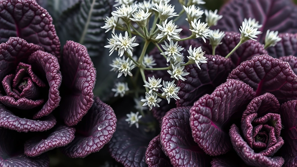 Close-up of textured garden plants with dramatic foliage contrast: silvery artemisia beside deep burgundy kale leaves, morning dew visible, sculptural plant forms, photorealistic