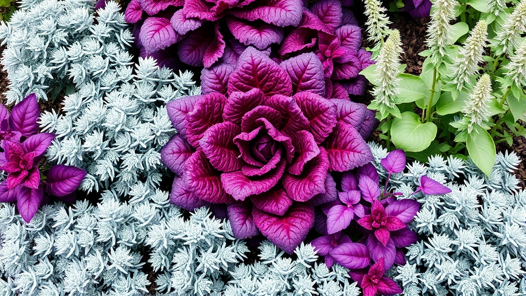 Artistic garden bed featuring monochromatic color scheme with burgundy kale, purple basil, silver dusty miller plants arranged in sophisticated composition