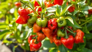 Close-up of vibrant red and green Badlands pepper fruits clustered on compact plant with glossy green foliage, morning sunlight highlighting ripe peppers