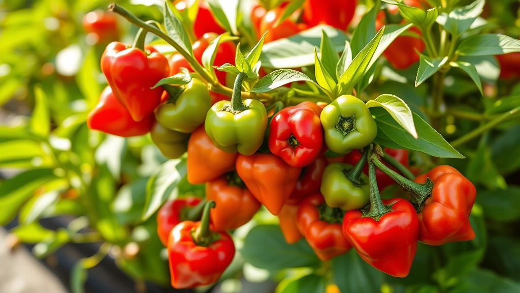 Close-up of vibrant red and green Badlands pepper fruits clustered on compact plant with glossy green foliage, morning sunlight highlighting ripe peppers