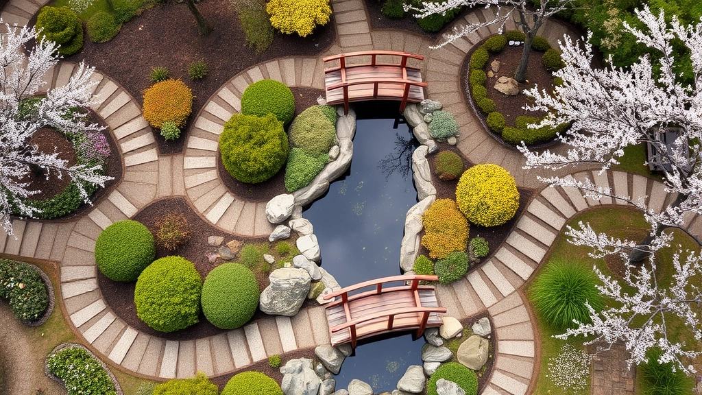 Overhead view of Japanese Friendship Garden with stone pathways winding between manicured shrubs, water feature reflecting surrounding plantings, wooden bridge spanning small pond, cherry trees with delicate foliage
